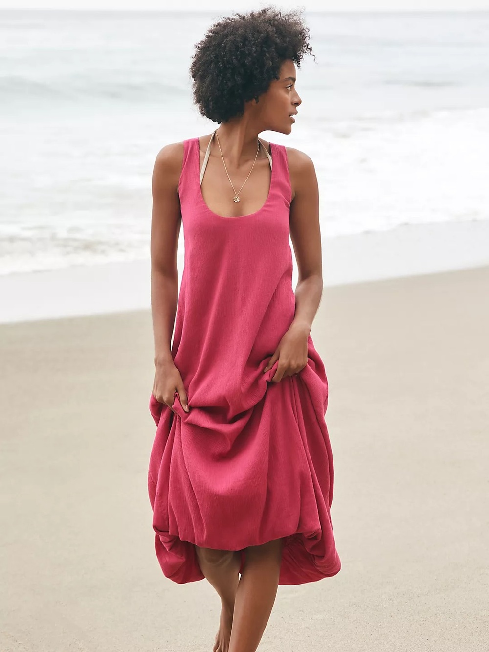 By Anthropologie Bubble-Hem Midi Dress NWT Raspberry Pink Size Small Boho